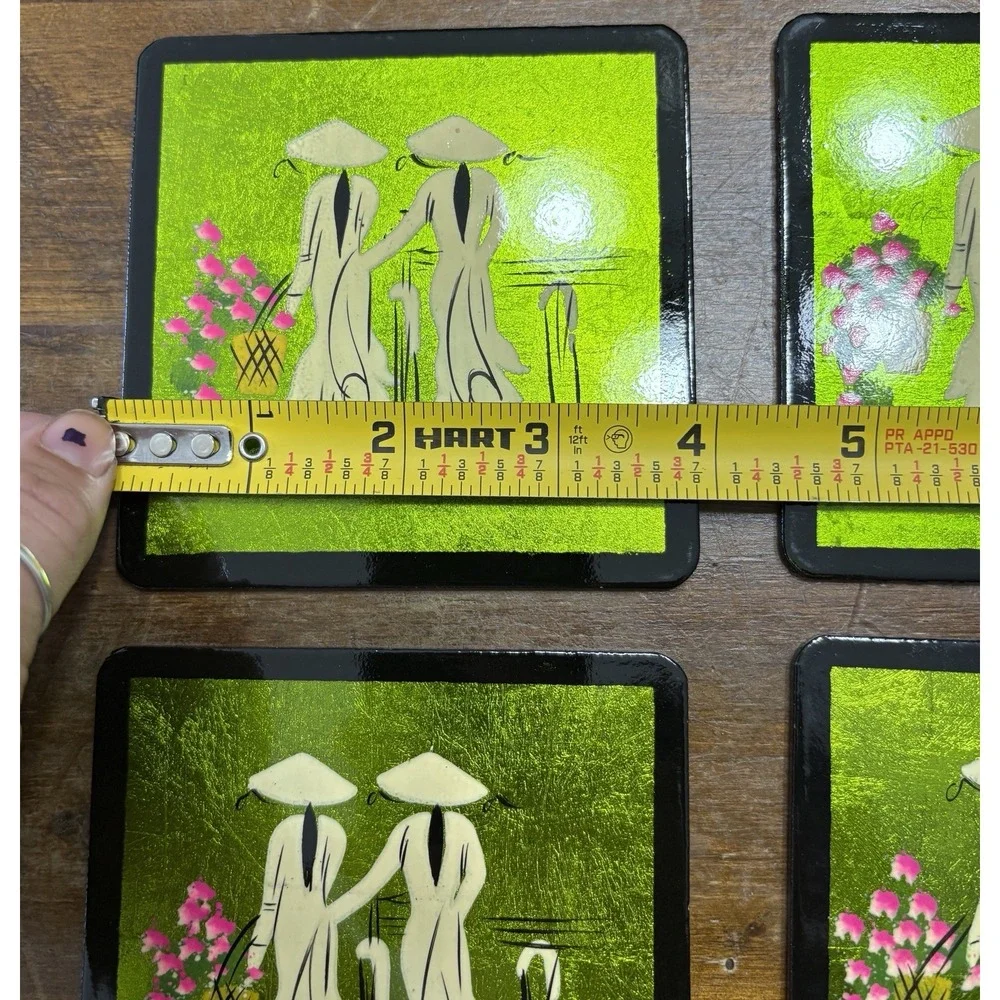 Vintage Asian Lacquer Coaster Set of 6 MCM Green Figurative Boxed Retro Decor
